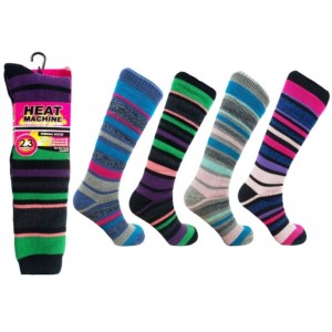 Heat Machine Thermal Long Socks Size 4-8 Green Stripe